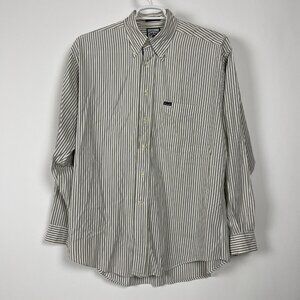 Faconnable Mens Long Sleeve Striped Cotton Button Up Shirt Large Green/Ivory